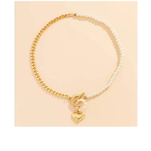 Gold Tone Faux Pearl Beaded & Heart Charm Necklace - Picture 2 of 4